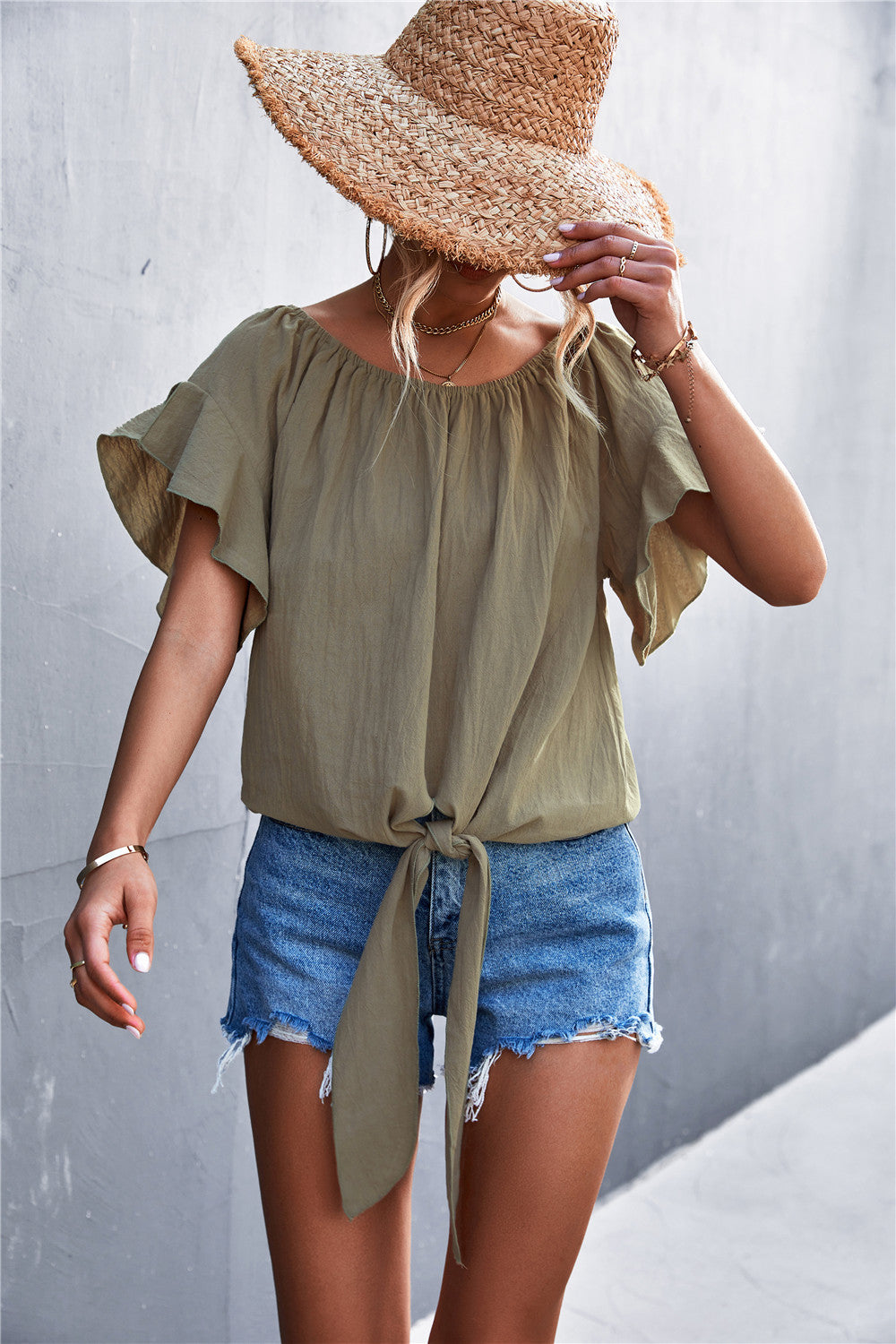 Flutter Sleeve Tie-Front Blouse