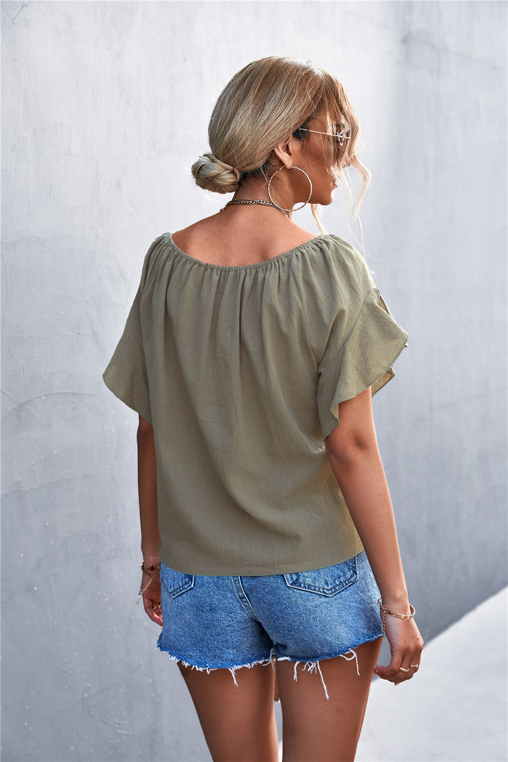 Flutter Sleeve Tie-Front Blouse