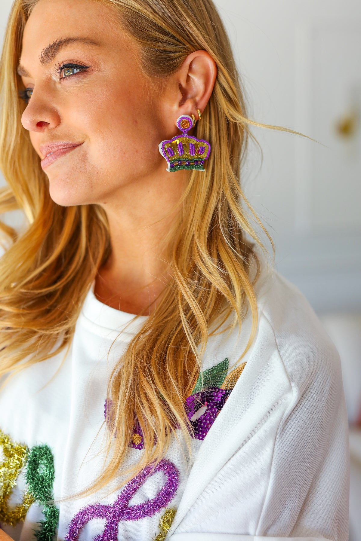 Mardi Gras Sequin & Beaded Crown Dangle Earrings