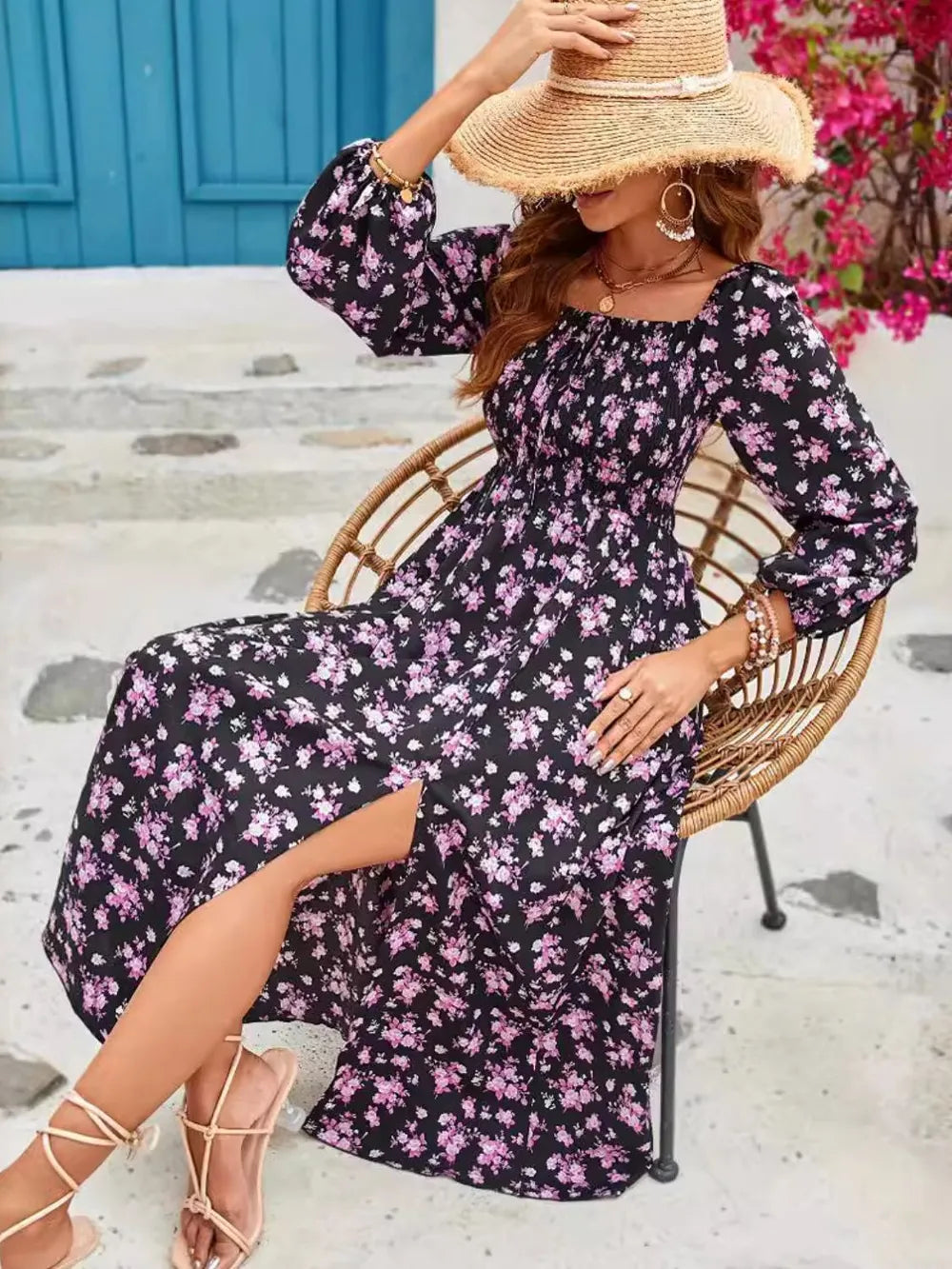 Slit Smocked Floral Square Neck Balloon Sleeve Midi Dress – Shoppossessions