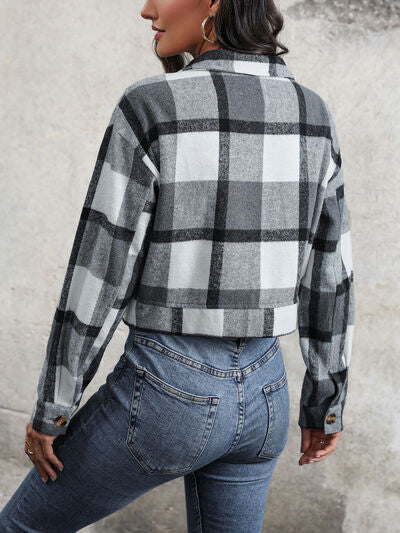 Plaid Button Up Drop Shoulder Cropped Jacket