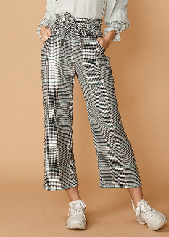 Glen Plaid Tie Waist Cropped Pants