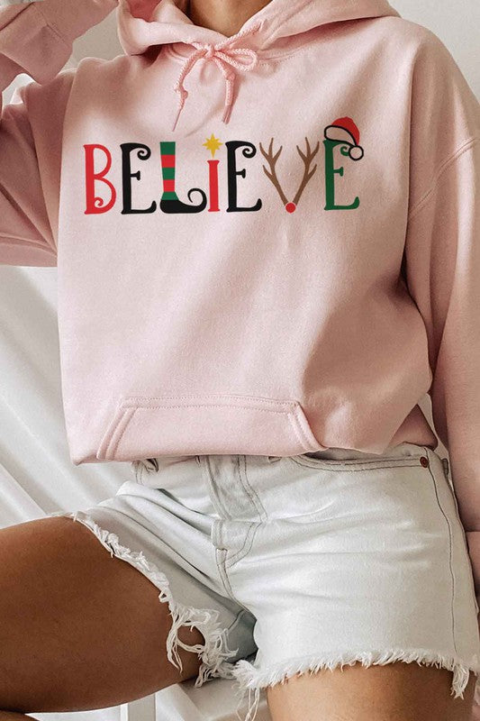 BELIEVE CHRISTMAS GRAPHIC HOODIE PLUS SIZE
