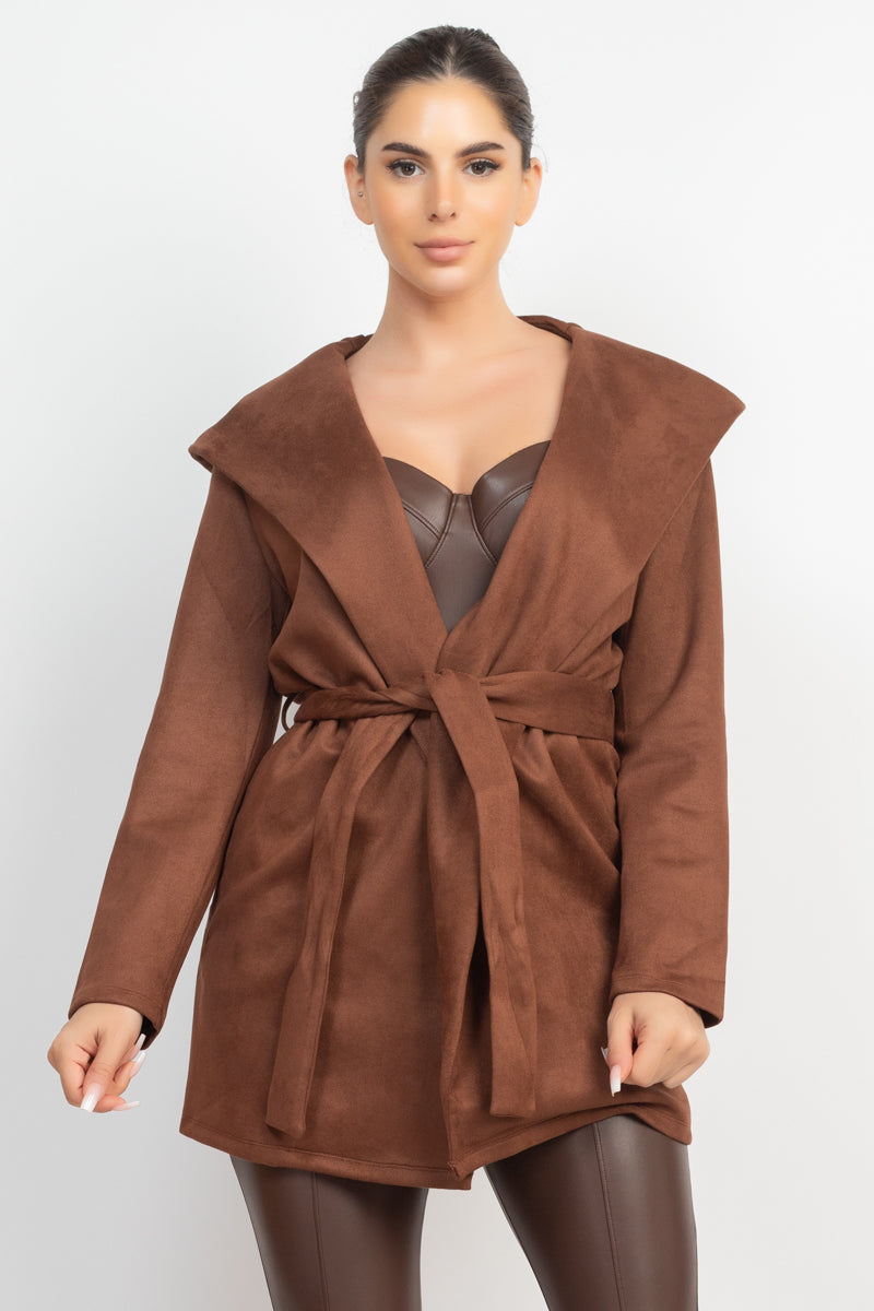 Suede Hooded Waist-tie Belt Jacket