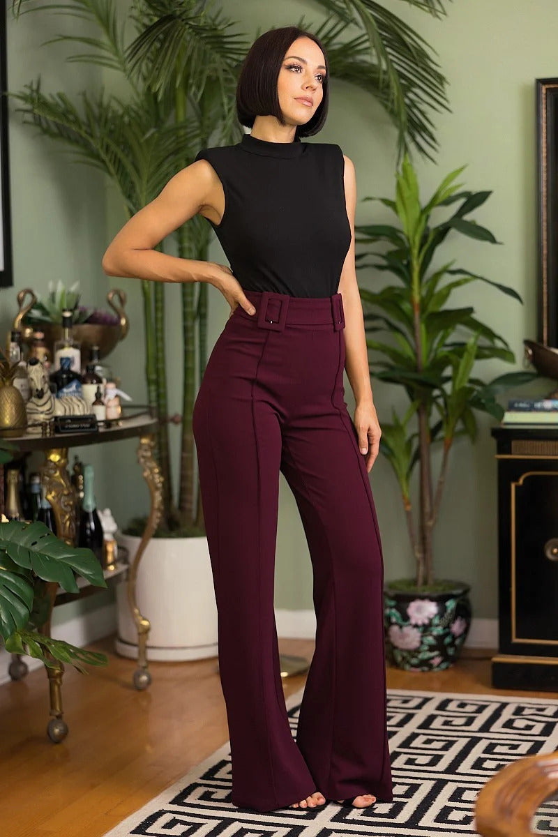 High Waist Pants With Self Fabric Buckle Detail On The Waist