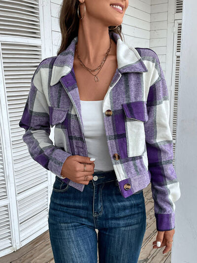 Plaid Button Up Drop Shoulder Cropped Jacket